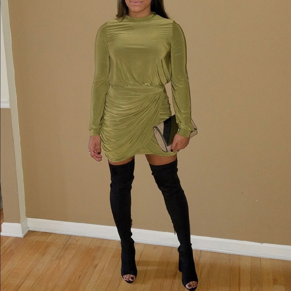 Rouched High Neck Long Sleeve Bodycon Dress